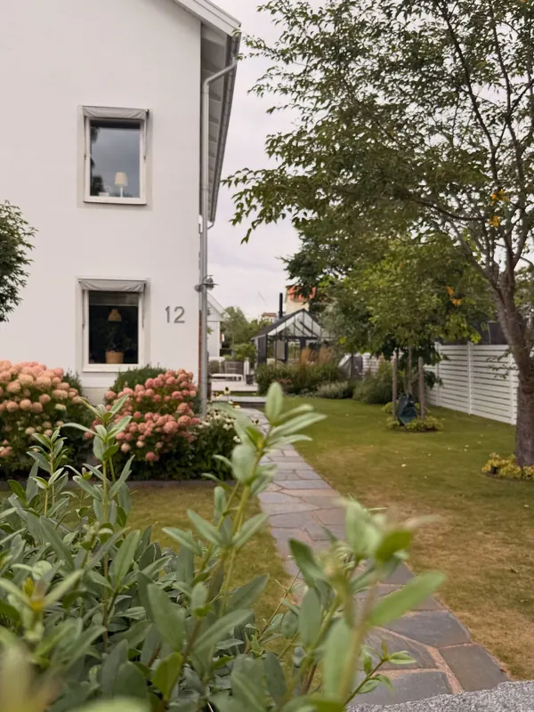 Flowering garden wrapped around a residence