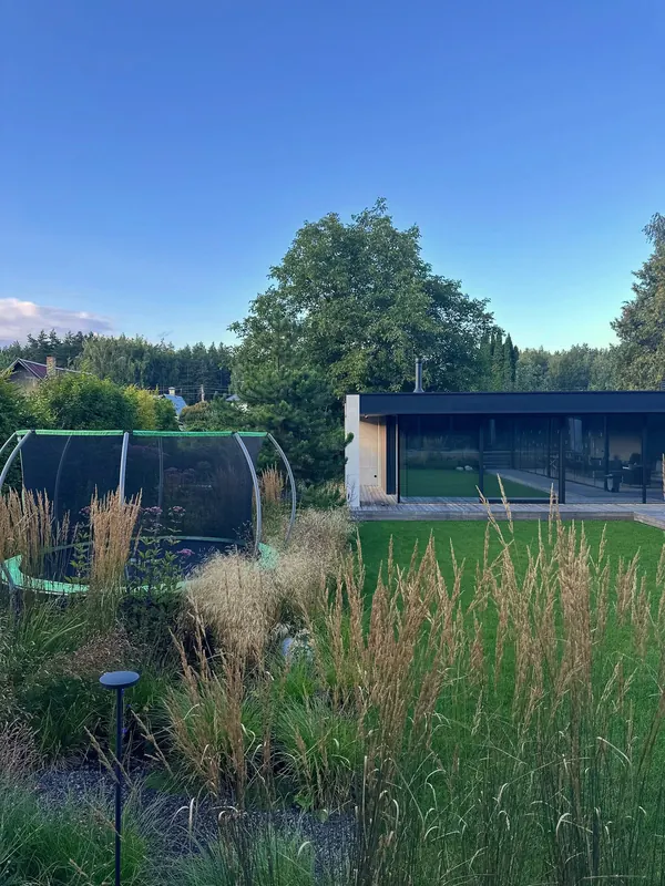 Structured landscape beside a contemporary residence